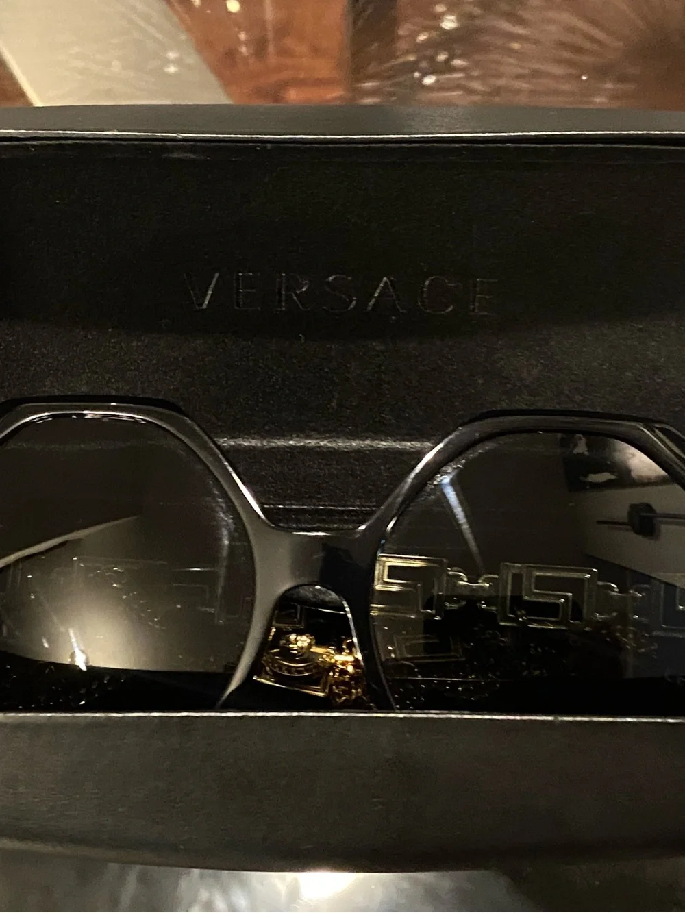 Versace Black Octagonal Sunglasses with Gold Chain Strap